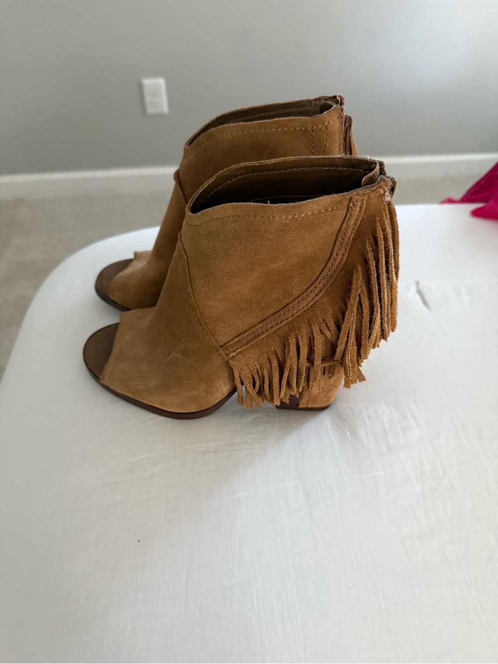 Gianni Bini Tan Suede Fringe Peep-Toe Ankle Booties